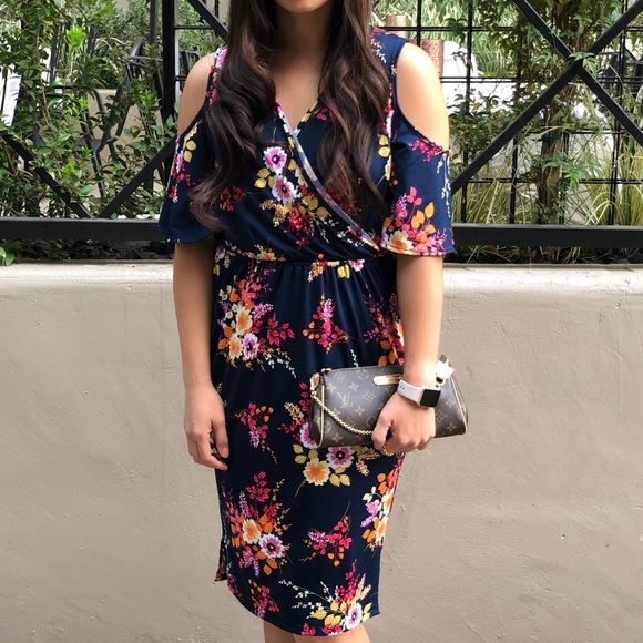 blue floral cold shoulder dress